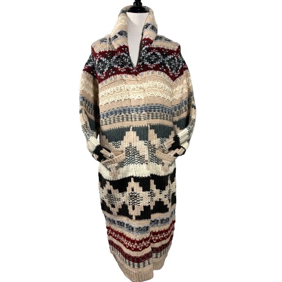 SUNDANCE Juneau Skies Long Sweater Coat Womens PXS Fair Isle Western Chunky Knit - Picture 11 of 11